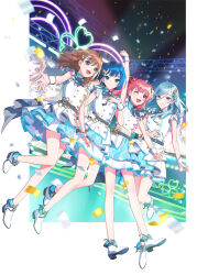  4girls :d ;d absurdres aqua_hair blue_eyes blue_hair bow brown_hair confetti dress frills full_body hair_ornament hairbow hanasato_minori highres hinomori_shizuku holding_hands kiritani_haruka long_hair looking_at_viewer medium_hair momoi_airi more_more_jump!_(project_sekai) multiple_girls one_eye_closed open_mouth project_sekai red_hair ribbon sanshichi_(eytc4832) short_hair short_sleeves skirt smile white_footwear wrist_cuffs 