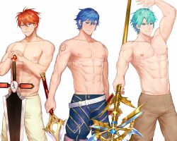  3boys abs aqua_hair arm_tattoo blue_eyes blue_hair blue_pants brown_pants character_request chrom_(fire_emblem) claymore_(sword) commission copyright_request eliwood_(fire_emblem) ephraim_(fire_emblem) fire_emblem highres holding holding_sword holding_weapon male_focus multiple_boys muscular muscular_male navel nipples orange_hair pants short_hair stomach sword tattoo topless_male weapon white_pants zhineart 