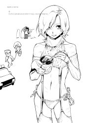  &gt;_&lt; 3boys alternate_universe arrest bags_under_eyes car chibi chibi_inset chopsticks contemporary cropped_sweater crossdressing cup_ramen dark-skinned_male dark_skin detached_sleeves dungeon_meshi elf food gapamopa garter_straps hair_over_one_eye highres holding holding_chopsticks holding_food kabru korean_text lingerie male_focus midriff mithrun monochrome motor_vehicle multiple_boys multiple_scars navel pointy_ears police police_car revealing_clothes scar short_hair sleeveless sleeveless_turtleneck thighhighs tongue tongue_out turtleneck underwear wavy_hair 