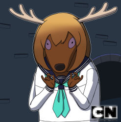  absurd_res adventure_time anthro antlers asian_clothing cartoon_network clothed clothing creepy deer east_asian_clothing female hi_res horn japanese_clothing japanese_school_uniform mammal my_deer_friend_nokotan noko_shikanoko school_uniform solo stag_(adventure_time) uniform unknown_species 