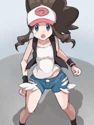  :o black_socks black_vest black_wristband brown_hair clenched_hands collarbone commentary_request exposed_pocket female hat highres hilda_(pokemon) koniko_(525lj) legs_apart long_hair looking_up open_clothes open_mouth open_vest pokemon pokemon_bw shirt shorts sidelocks sleeveless sleeveless_shirt socks solo standing sweatdrop vest white_hat white_shirt 