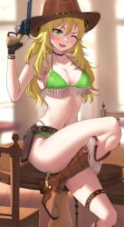  ;d belt bikini black_choker blonde_hair boots breasts brown_belt brown_footwear brown_hat character_request choker collarbone commission fedora female green_bikini green_eyes gun hat highres holding holding_gun holding_weapon hoshii_miki idolmaster idolmaster_(classic) long_hair looking_at_viewer medium_breasts navel one_eye_closed open_mouth revolver sitting skeb_commission smile solo stomach swimsuit take978733141 thigh_strap thighs weapon 