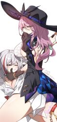  2girls absurdres black_gloves blue_eyes blush breasts cleavage finger_to_another&#039;s_mouth gloves grey_hair hat hickey highres holding honkai:_star_rail honkai_(series) jade_(honkai:_star_rail) jewelry large_breasts leg_belt lipstick long_hair looking_at_viewer makeup multicolored_hair multiple_girls one_eye_closed pink_hair purple_eyes red_hair ring shirt short_hair sitting sitting_on_person smile tipang_(gurimulguryo) topaz_(honkai:_star_rail) yuri 