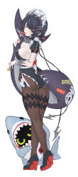  absurdres ass black_hair black_pantyhose breasts cleavage colored_inner_hair doodles ellen_joe female fins fish_tail from_side full_body hair_between_eyes highres large_breasts looking_at_viewer looking_to_the_side maid_headdress mole mole_under_eye multicolored_hair one_eye_closed pantyhose shark_girl shark_tail sideboob sidelocks simple_background solo standing tail tongue tongue_out two-tone_hair white_background xfate zenless_zone_zero 