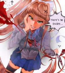  absurdly_long_hair ahoge black_background black_thighhighs blood blood_on_knife blood_splatter blue_skirt blush bow breasts brown_hair brown_sweater_vest collared_dress commentary cross_bottony cross_hair_ornament doki_doki_literature_club dress dress_shirt dutch_angle english_commentary from_above gradient_background green_eyes grey_jacket hair_intakes hair_ornament hair_ribbon hairbow halftone halftone_texture hand_on_own_face highres holding holding_knife holding_weapon jacket kitchen_knife knife large_breasts long_hair looking_at_viewer looking_up misspinkb monika_(doki_doki_literature_club) neck_ribbon parted_lips pink_lips ponytail raised_eyebrow red_ribbon ribbon shaded_face shirt sidelocks skindentation skirt smile speech_bubble sweater_vest thighhighs undone_neck_ribbon very_long_hair weapon white_background white_bow white_ribbon white_shirt yandere zettai_ryouiki 