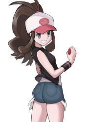  antenna_hair black_vest black_wristband brown_hair commentary_request exposed_pocket eyelashes female grey_eyes grin hand_up happy hat high_ponytail highres hilda_(pokemon) holding holding_poke_ball koniko_(525lj) long_hair poke_ball poke_ball_(basic) pokemon pokemon_bw shirt short_shorts shorts sidelocks simple_background smile solo teeth vest wedgie white_background white_hat white_shirt 