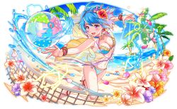  ahoge amulet anklet aqua_bikini aqua_hair artist_request ball bare_arms bare_legs bare_shoulders barefoot beach beachball beads bikini blue_choker blue_flower blue_hairband blue_outline blue_sky breasts cel_shading choker clam_shell_ornament cleavage cloud coat coral_earrings coral_hair_ornament crash_fever day fingernails flower full-length_zipper full_body game_cg hair_flower hair_ornament hairband hibiscus hood hooded_coat island jewelry leaf leg_up light_rays medium_breasts number_print numbered ocean official_art outdoors outline palm_leaf palm_tree pink_flower pink_petals playing_sports plumeria polka_dot purple_flower red_outline sand see-through see-through_coat see-through_hood sky sleeveless sleeveless_coat solo sparkle square square_print sunbeam sunlight swimsuit tachi-e third-party_source transparent_background tree two-tone_flower volleyball_net water_drop wristband yellow_flower zipper 