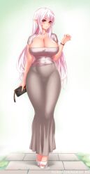  bag breasts cleavage covered_navel curvy dongtan_dress dress facial_mark female handbag high_heels highres holding holding_bag huge_breasts impossible_clothes impossible_dress long_hair meme_attire midnight_(banyex) original pink_hair plump pointy_ears red_eyes scoop_neck taut_clothes taut_dress tight_clothes tight_dress 