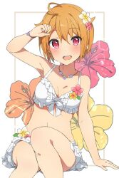  ahoge arm_support bare_shoulders bikini bikini_skirt blush bracelet breasts brown_hair cleavage collarbone dot_nose female flower flower_necklace frilled_bikini frills front-tie_bikini_top front-tie_top hair_between_eyes hair_flower hair_ornament hibiscus ibuki_tsubasa idolmaster idolmaster_million_live! idolmaster_million_live!_theater_days jewelry knee_up large_breasts looking_at_viewer mochigome_(ununquadium) open_mouth orange_flower pink_eyes pink_flower purple_flower short_hair simple_background sitting smile solo swimsuit teeth upper_teeth_only white_background white_bikini white_flower yellow_footwear 