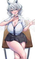  absurdres alternate_costume black_necktie black_skirt blue_necktie blush breasts cleavage collarbone crossed_legs demon_girl demon_horns demon_wings drill_hair duel_monster earrings female grey_eyes grey_hair highres horns huge_breasts jewelry looking_at_viewer loose_necktie lovely_labrynth_of_the_silver_castle necktie neko_punch_(user_hddm3373) pointy_ears school_uniform shirt sitting skirt solo transparent_wings twin_drills v white_shirt white_wings wings yu-gi-oh! 