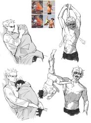  3boys aged_down baby_5 black_hair blanket blonde_hair bow brothers carrying carrying_person closed_mouth donquixote_doflamingo donquixote_rocinante earrings female hairbow highres jewelry long_hair makeup multiple_boys muscular muscular_male one_piece open_mouth reference_inset scar scar_on_chest scar_on_stomach shirt short_hair shorts siblings simple_background sleeping sunglasses teeth tongue topless_male trafalgar_law white_background white_shirt white_shorts zyuu_nan 