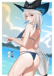  1other 2girls absurdres anger_vein arknights ass beach bikini black_hat blue_bikini blue_hat blush bright_pupils chinese_commentary commentary_request day doctor_(arknights) food food_in_mouth from_behind green_hair grey_hair hair_between_eyes hat highres kal&#039;tsit_(arknights) long_hair looking_at_viewer looking_back mouth_hold multiple_girls muusn ocean outdoors popsicle red_eyes short_hair skadi_(arknights) strangling sweat swimsuit turning_head two-sided_fabric two-sided_headwear very_long_hair water white_pupils 