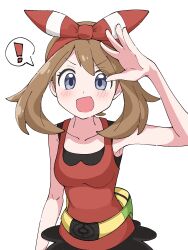  ! :d arm_up bare_arms blush bow_hairband breasts buckle collarbone commentary_request eyelashes fanny_pack female grey_eyes hairband highres koniko_(525lj) looking_at_viewer may_(pokemon) open_mouth pokemon pokemon_oras red_hairband red_shirt shirt simple_background sleeveless sleeveless_shirt smile solo spoken_exclamation_mark white_background yellow_bag 