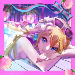  2girls bare_shoulders bikini blonde_hair blue_eyes border brown_hair eyewear_on_head food fruit indoors looking_at_viewer mario_(series) multiple_girls night peach pink_bikini pink_border ponfu_y pool princess_daisy princess_peach pun solo_focus sunglasses swim_ring swimsuit 