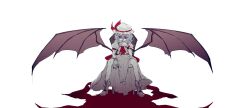  aizettonagi arm_on_knee ascot bat_wings blood blood_on_hands bow collared_dress dress female frilled_cuffs hair_ribbon hand_to_own_mouth hat highres licking_blood mob_cap nail_polish on_chair red_ascot red_bow red_eyes red_nails red_ribbon remilia_scarlet ribbon simple_background sitting solo touhou waist_bow white_background white_dress white_footwear white_hat wings wrist_cuffs 