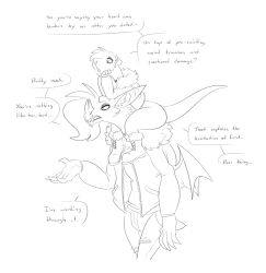  2024 absurd_res anthro aubrey_(halbean) bat bat_nose biped carrying_another dialogue digital_media_(artwork) duo english_text female female_anthro hal_(halbean) halbean hi_res larger_male male male_anthro mammal membrane_(anatomy) membranous_wings mustelid on_shoulders otter sitting_on_shoulders size_difference smaller_female text wings 