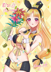  animal_ears bare_shoulders blonde_hair bow breasts bunny_day don_quijote_(store) fake_animal_ears fate_testarossa female flower highres holding holding_flower large_breasts long_hair low-tied_long_hair lyrical_nanoha lyrical_store mahou_shoujo_lyrical_nanoha_strikers midriff navel nun_(nun_lily) official_alternate_costume rabbit_ears red_eyes short_shorts shorts solo underboob wrist_cuffs yellow_background yellow_bow 