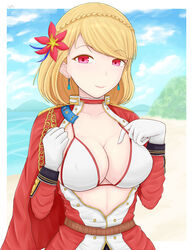  archstreal azur_lane bad_id bad_pixiv_id blonde_hair blush border breasts cape choker cleavage collarbone covered_nipples earrings female flower gloves hair_flower hair_ornament highres jewelry large_breasts official_alternate_costume open_clothes outside_border photoshop_(medium) prince_of_wales_(azur_lane) prince_of_wales_(sun_shining_upon_windsor)_(azur_lane) red_eyes short_hair smile swimsuit swimsuit_under_clothes white_border white_gloves 