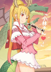  bag_charm blonde_hair character_charm character_doll charm_(object) cloba commentary_request cosplay dragon dragon_girl dragon_horns dual_persona female flute hat heart highres holding holding_flute holding_instrument horns instrument kanna_kamui kanna_kamui_(cosplay) kobayashi-san_chi_no_maidragon kobayashi_(maidragon) large_tail long_hair looking_at_viewer recorder red_eyes scales skirt slit_pupils smile solo sunset tail tohru_(dragon)_(maidragon) tohru_(maidragon) twintails v white_skirt 