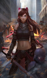  absurdres andy_liong animal_ears armor belt blue_eyes blurry breasts brown_hair building cat_ears commentary contrapposto depth_of_field detached_sleeves embers english_commentary fake_animal_ears female fire flag gauntlets groin hairband helmet highres katana long_hair medium_breasts midriff navel original photoshop_(medium) shield smile standing sword weapon 