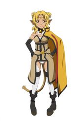  alicia_rue animal_ears black_footwear blonde_hair boots breasts cape cat_ears cat_tail dark-skinned_female dark_skin detached_sleeves earrings female full_body hands_on_own_hips highres jewelry leotard long_hair official_art simple_background small_breasts smile solo standing sword_art_online tail thigh_strap thighhighs white_background white_leotard white_thighhighs yellow_eyes 