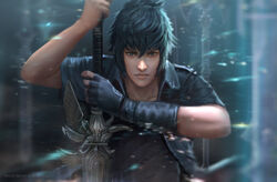  1boy andy_liong artist_name black_gloves blue_eyes blue_hair commentary_request final_fantasy final_fantasy_xv fingerless_gloves gloves highres jacket male_focus motion_blur noctis_lucis_caelum photoshop_(medium) serious solo sword upper_body weapon wind 