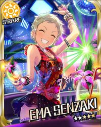  ^_^ artist_request blonde_hair bracelet card_(medium) character_name closed_eyes disco_ball drink female idolmaster idolmaster_cinderella_girls jewelry official_art pixie_cut rave_party senzaki_ema short_hair skirt smile solo sun_symbol thumb_ring very_short_hair 