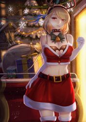  antlers azur_lane blonde_hair breasts chinese_commentary choker christmas christmas_tree cleavage commentary_request elbow_gloves female fur-trimmed_legwear fur_trim gift gloves groin highres horns medium_breasts midriff navel photoshop_(medium) prince_of_wales_(azur_lane) prince_of_wales_(sun_shining_upon_windsor)_(azur_lane) red_eyes santa_costume solo you_ni_ge_shaobing 