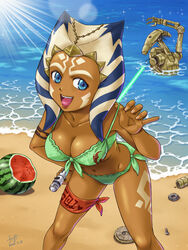  2022 3:4 ahsoka_tano alien alien_humanoid b1_battle_droid battle_droid beach bikini bikini_bottom bikini_top blue_eyes breasts clone_wars clothing collarbone eyelashes female food front-tie_bikini front-tie_clothing front-tie_swimwear fruit fuji_syuji glistening glistening_breasts green_bikini green_clothing green_swimwear hi_res humanoid leg_markings lekku_(anatomy) lightsaber looking_at_viewer machine markings melee_weapon melon navel not_furry open_mouth open_smile outside partially_submerged plant reverse_grip robot seaside side-tie_bikini side-tie_clothing side-tie_swimwear smile solo star_wars strap_pull string_bikini swimwear thigh_markings togruta tongue watermelon weapon 