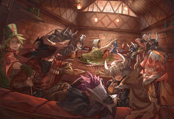  4girls 6+boys :d armor bad_id bad_pixiv_id bandana beer_mug blue_eyes boned_meat brown_hair cape ceiling_light chopsticks cup dragon dutch_angle eating eyes_visible_through_hair fake_horns fantasy feast fingerless_gloves food gloves green_eyes green_hair hat helmet highres hood hood_up horned_helmet horns indoors knight_(shichigatsu) long_hair mask meat mug multiple_boys multiple_girls oerba_yun_fang open_mouth pointy_ears priest priestess purple_hair red_cape red_hair rope severed_head shichigatsu short_hair sitting smile sweat sweatdrop table tavern v_yuusha_no_kuse_ni_namaiki_da_r witch_hat x_x yellow_cape yuusha_no_kuse_ni_namaiki_da 