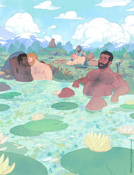  5boys arm_hair armpit_hair armpits axe bara bear bear-shaped_clouds beard bearscape belly blonde_hair blue_sky blush body_freckles chest_hair cloud cloudy_sky completely_nude couple dark-skinned_male dark_skin english_commentary facial_hair forehead-to-forehead forest freckles hairy heads_together highres interracial lake large_pectorals lily_pad magic:_the_gathering male_focus mature_male mountain moustache multiple_boys nature navel_hair nipples nude official_art outdoors pectorals perspective petals pink_hair planted planted_axe plump ricardo_bessa shaped_cloud short_hair sky stomach topless_male tree upper_body water yaoi 