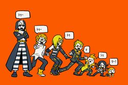  6+boys ascending black_sclera colored_sclera curly_hair domino_mask formaggio ghiaccio glasses hat hex_tails illuso jojo_no_kimyou_na_bouken limited_palette mask melone mini_person miniboy multiple_boys necktie pesci pointing pointing_at_viewer prosciutto risotto_nero sameyama_jiro vento_aureo 