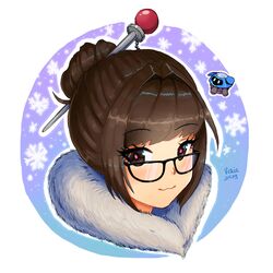  :3 black-framed_eyewear brown_eyes brown_hair closed_eyes commentary female floating fur_collar glasses hair_bun hair_intakes hair_ornament hair_stick highres looking_at_viewer mei_(overwatch) overwatch overwatch_1 pink_pupils portrait short_hair signature single_hair_bun smile snowball_(overwatch) snowflakes vickie_(cryingrobot) 