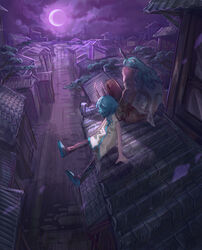  1boy aqua_hair architecture bad_id bad_pixiv_id blue_footwear blue_hair building city cloud crescent_moon dress east_asian_architecture facing_away female from_above from_behind highres horns house long_hair moon moonlight night on_roof oni_horns original outdoors purple_moon purple_sky road rooftop scenery shichigatsu shoes short_hair single_horn sitting_on_roof sky street tamaki_(shichigatsu) tree urban yahiro_(shichigatsu) 