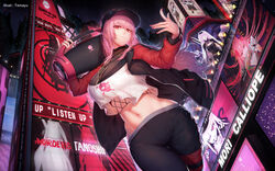  absurdres artist_name black_pants boombox breasts building female from_below highres holding_boombox hololive hololive_english jacket jewelry large_breasts long_hair midriff mori_calliope mori_calliope_(streetwear) nail_polish navel necklace night official_alternate_costume pants pink_hair red_eyes skull_and_crossbones skyscraper solo tama_yu thigh_gap virtual_youtuber 