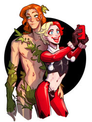  2boys ambush_(trap) batman_(series) blonde_hair bulge canon_couple couple couple_(romantic) dc dc_comics eyeshadow facepaint femboy gay gay_couple gender_transformation genderbend genderswap genderswap_(ftm) harley_quinn makeup male male_only midriff orange_hair plant poison_ivy red_hair ripushko rolling_eyes rule_63 self_shot yaoi 