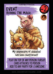  2014 anthro blotch blue_eyes border card card_template clothing costume digital_media_(artwork) disguise domestic_cat english_text felid feline felis fluffy fur furry_wearing_fursuit fursuit gameplay_mechanics hairless hairless_cat half-length_portrait humor magnet male mammal orange_body orange_fur portrait smile solo sphynx_(cat) striped_body striped_fur stripes text trading_card trading_card_game trading_card_template wrinkled_skin wrinkles yellow_eyes 