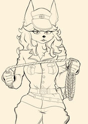  absurd_res anthro armband belt belt_buckle black_nose bottomwear breasts buckle button_(fastener) canid canine caninu canis clothing cropped_ears cyberconnect2 dobermann domestic_dog eyelashes female flam_kish fuga:_melodies_of_steel hair hat headgear headwear hi_res holster jacket line_art little_tail_bronx long_eyelashes long_hair looking_at_viewer lower_lip mammal medium_breasts military military_cap military_hat military_pants military_uniform monochrome neck_tuft neutral_expression officer pants peaked_cap pinscher pockets portrait rayven01 rope simple_background solo three-quarter_portrait topwear tuft uniform wavy_hair whip 