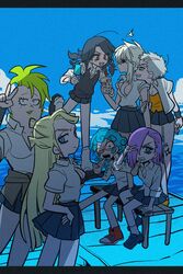  6+girls black_hair blonde_hair blue_hair breasts cleavage food gelato ghiaccio green_hair grey_hair hex_tails highres illuso jojo_no_kimyou_na_bouken melone multiple_girls pesci pier pleated_skirt popsicle prosciutto purple_hair risotto_nero sameyama_jiro shirt sitting skirt sparkle v v_over_eye vento_aureo white_shirt 