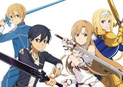  2boys 2girls alice_zuberg armor armored_dress asuna_(sao) asuna_(stacia) black_eyes black_hair black_jacket blonde_hair blue_cape blue_eyes blue_flower blue_jacket blue_rose blue_rose_sword bow braid breasts brown_eyes brown_hair cape cleavage closed_mouth clothing_cutout collared_jacket dress eugeo faulds flower french_braid gauntlets gold_armor green_eyes hair_between_eyes hair_intakes hair_ornament hairband highres holding holding_sword holding_weapon jacket jewelry kirito knight long_hair long_sleeves looking_at_viewer medium_breasts multiple_boys multiple_girls night_sky_sword official_art osmanthus_blade parted_lips pauldrons rapier red_bow ring rose school_uniform short_hair shoulder_armor shoulder_cutout simple_background smile sword sword_art_online sword_art_online:_alicization sword_art_online:_alicization_-_war_of_underworld sword_mastery_academy_school_uniform unsheathed v-shaped_eyebrows very_long_hair weapon white_armor white_background white_dress white_hairband wing_collar wrist_cuffs 