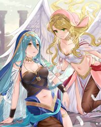  2girls alternate_costume angel_wings azura_(fire_emblem) azura_(hatari)_(fire_emblem) bare_shoulders blonde_hair blue_hair breasts brown_legwear cleavage collar collarbone column crop_top feathered_wings feathers fire_emblem fire_emblem:_radiant_dawn fire_emblem_fates fire_emblem_heroes floating_hair flying gold_trim green_eyes hair_between_eyes haru_(nakajou-28) highres jewelry leanne_(fire_emblem) leanne_(hatari)_(fire_emblem) long_hair looking_at_another medium_breasts midriff multiple_girls navel official_alternate_costume outdoors pantyhose pelvic_curtain pillar see-through single_leg_pantyhose sitting sky smile stomach swept_bangs thighlet veil very_long_hair waist_cape white_wings wings yellow_eyes 