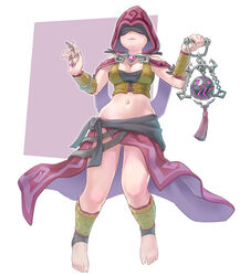  ankle_wrap bare_shoulders barefoot breasts cleavage closed_mouth clothing_request commentary covered_eyes female full_body gem hands_up highres himeshaga holding hood hood_up jewelry large_breasts medium_breasts midriff navel paladins pink_background seris_(paladins) simple_background solo stomach toes weapon white_background 