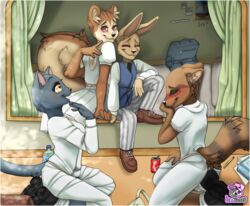  anthro bag beastars bed beverage blush border canid canine charming clothing dormitory felid feline female fennec_fox footwear fox furniture group hanging_out hi_res icedfoxes male mammal raccoon_dog relaxing rodent sally_(beastars) school_bag school_uniform sciurid shoes smile tanuki tree_squirrel true_fox uniform voss_(beastars) white_border 