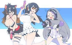  +++ 3girls alternate_breast_size animal_ears australian_devil_(kemono_friends) bare_shoulders bird_tail black_hair breasts brown_hair camisole chasing cleavage closed_eyes collarbone dated empty_eyes extra_ears eyepatch facing_another fleeing gentoo_penguin_(kemono_friends) giant_penguin_(kemono_friends) grey_hair hair_between_eyes headphones highres holding holding_water_gun huge_breasts jacket kemono_friends laughing long_hair long_sleeves looking_at_another medical_eyepatch microskirt midriff multicolored_hair multiple_girls navel oerba_yun_fang one_eye_covered open_mouth orange_hair parted_bangs penguin_tail plaid plaid_shirt plaid_skirt playing_games pleated_skirt purple_hair running sandals shirt short_sleeves signature skirt smile stomach tail tasmanian_devil_ears tasmanian_devil_tail two-tone_hair water_gun wet yoshida_hideyuki 