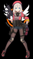  alternate_costume beret blue_eyes crossover denim denim_shorts explosive female girls&#039;_frontline gloves grenade gun h&amp;k_mp5 handgun hat highres holding holding_gun holding_weapon holstered jamgom knee_pads mp5_(girls&#039;_frontline) pouch respirator short_shorts shorts solo submachine_gun tom_clancy&#039;s_the_division trigger_discipline watch weapon white_hair wristwatch 