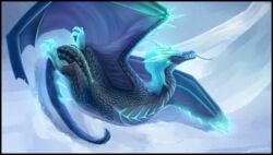  2020 auroth_the_winter_wyvern avoid_posting black_border blue_body blue_eyes blue_hair border claws day detailed_background digital_media_(artwork) dota dragon dreamtheorem european_mythology female feral glowing glowing_body glowing_eyes glowing_scales hair hi_res horn long_tongue lying membrane_(anatomy) membranous_wings mythological_creature mythological_scalie mythology nude outside scales scalie snow solo tail teeth tongue western_dragon wings wyvern 