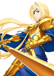  alice_zuberg armor armored_dress blonde_hair blue_cape blue_dress blue_eyes braid braided_ponytail breastplate cape closed_mouth cowboy_shot dress eyepatch faulds feet_out_of_frame female floating_hair from_side gauntlets gold_armor hair_intakes hairband highres holding holding_sheath holding_sword holding_weapon knight long_hair official_art osmanthus_blade pauldrons ribbon sheath shoulder_armor simple_background solo standing sword sword_art_online sword_art_online:_alicization sword_art_online:_alicization_-_war_of_underworld very_long_hair weapon white_background white_hairband white_ribbon 