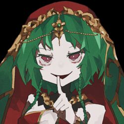  arabian_clothes bags_under_eyes black_background braid breasts cleavage close-up colored_eyelashes commentary_request evil_smile fate/grand_order fate_(series) female finger_to_mouth furrowed_brow gem green_hair haku_miso half-closed_eyes md5_mismatch open_mouth pale_skin parted_bangs parted_lips red_eyes red_headwear salome_(fate) short_hair shushing simple_background smile smug solo source_mismatch tsurime upper_body veil 