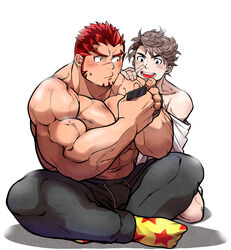  2boys abs akashi_(live_a_hero) alternate_costume bara blush bulge crossed_legs facial_hair goatee gradient_hair grey_pants highres holding holding_phone kizami_nori_to_yamaimo live_a_hero long_sideburns looking_at_another male_focus male_protagonist_(live_a_hero) mature_male multicolored_hair multiple_boys muscular muscular_male navel off_shoulder pants pectorals phone red_eyes red_hair short_hair sideburns sitting socks stomach thick_eyebrows topless_male track_pants yaoi 