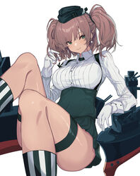  atlanta_(kancolle) black_hat black_skirt brown_hair buttons closed_mouth earrings female garrison_cap gloves grey_eyes hat high-waist_skirt highres jewelry kantai_collection long_hair long_sleeves machinery oweee rigging shirt simple_background single_earring skirt solo star_(symbol) star_earrings suspender_skirt suspenders two_side_up white_background white_gloves white_shirt 